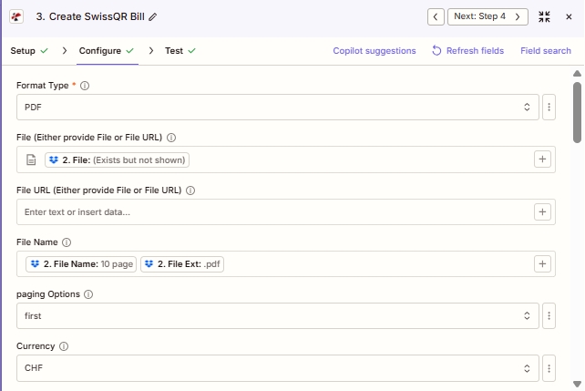 Zapier Create Swiss QR Bill action: Block 1: Format Type, File / File URL, File Name, Paging Options, Currency